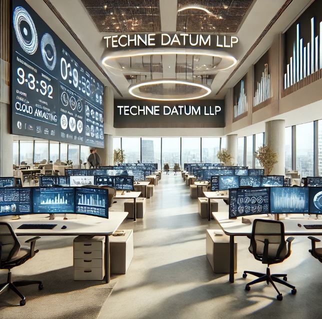 Modern virtual office for Techne Datum LLP featuring data analytics, cloud computing, and marketing metrics displayed on digital screens in a sleek, minimalist workspace with ergonomic desks and collaborative areas.
